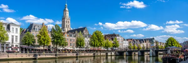 Breda, Netherlands skyline with the Grote Kerk, historic buildings and canal waterfront