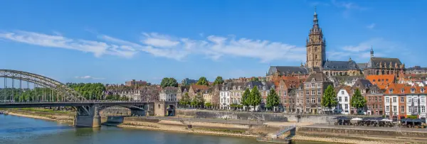 Nijmegen, Netherlands skyline with the Waal River, Waal Bridge and historic Stevenskerk