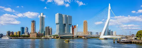 Rotterdam skyline with the Erasmus Bridge over the Nieuwe Maas in the Netherlands