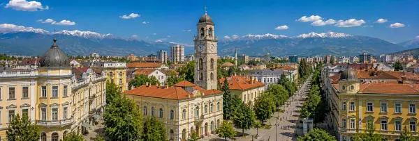 Bitola panoramic view with historic buildings, Clock Tower, Širok Sokak and Baba Mountain