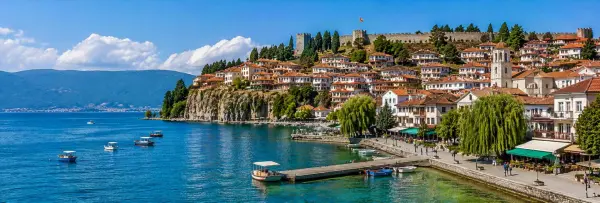Ohrid panoramic view with Lake Ohrid, historic town, fortress and surrounding mountains