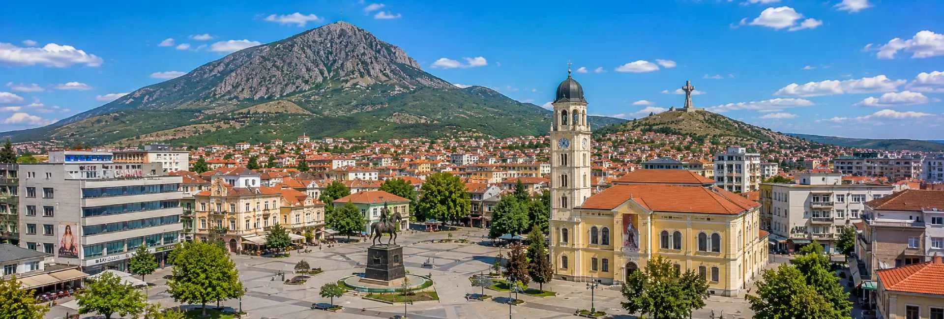 Prilep panoramic view with Clock Tower, historic buildings and Mount Marko