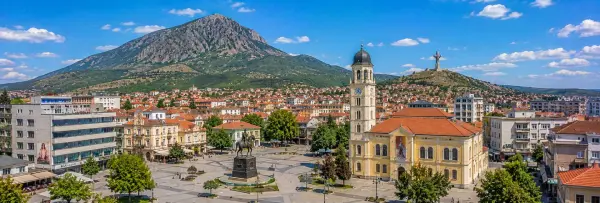 Prilep panoramic view with Clock Tower, historic buildings and Mount Marko