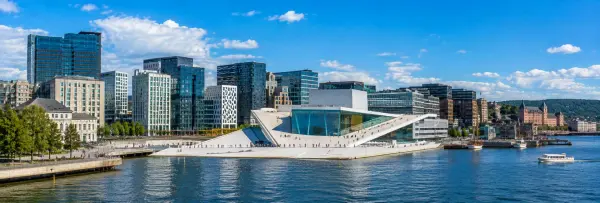 Oslo cityscape with the Opera House, waterfront, boats and modern Norwegian architecture