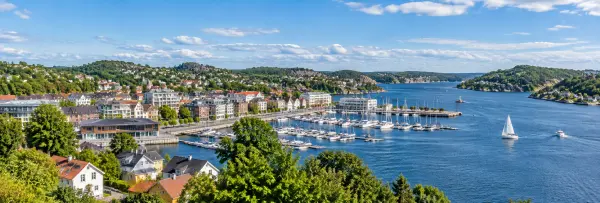Sandefjord Norway skyline overlooking the harbor, marina, fjord and wooded coastal hills