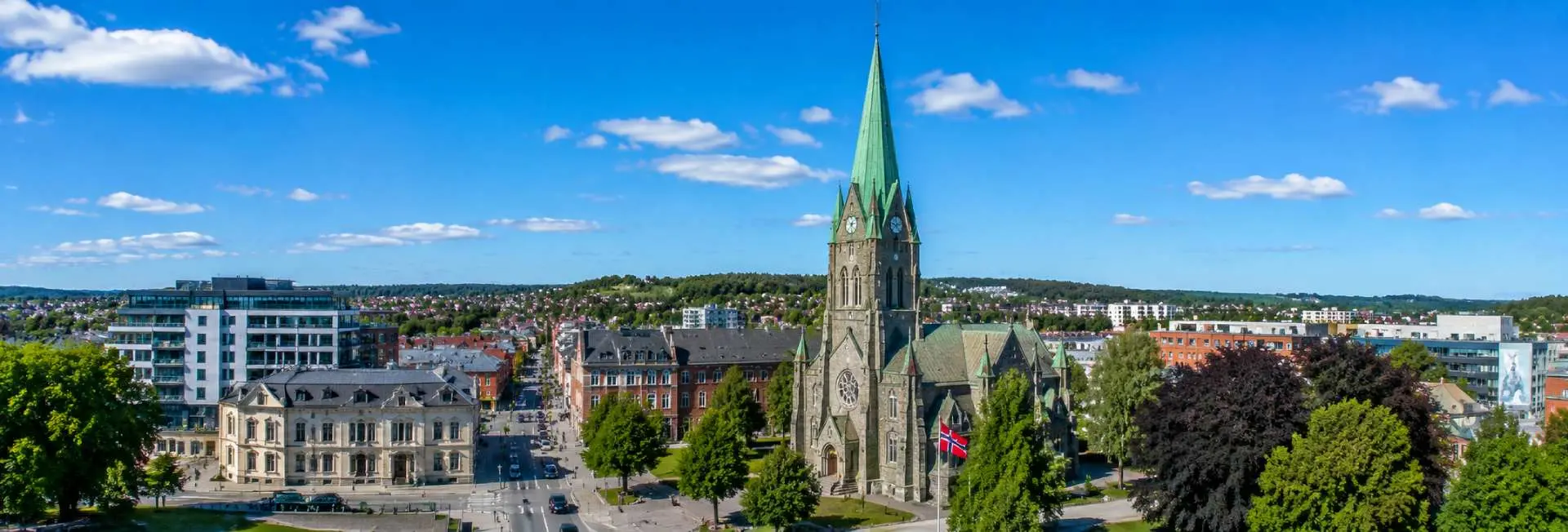 Sarpsborg Church and city skyline in Sarpsborg, Norway, viewed above the historic city center