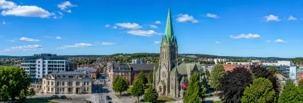 Sarpsborg Church and city skyline in Sarpsborg, Norway, viewed above the historic city center