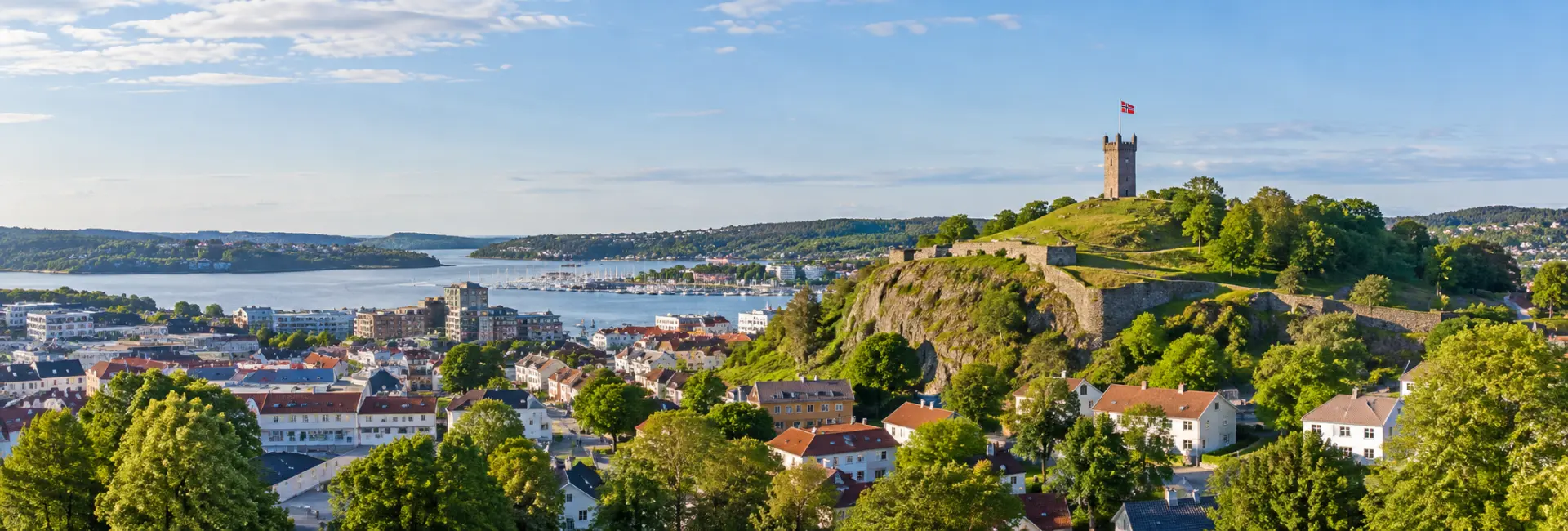 Tønsberg skyline with Slottsfjell tower, historic fortress ruins and fjord views