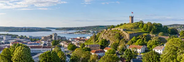 Tønsberg skyline with Slottsfjell tower, historic fortress ruins and fjord views