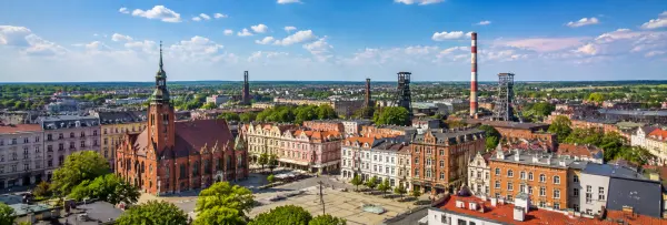 Bytom, Poland skyline with historic architecture and distinctive mining heritage structures