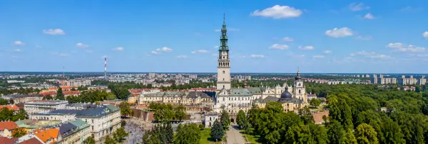 Częstochowa, Poland aerial view featuring Jasna Góra Monastery and the city skyline