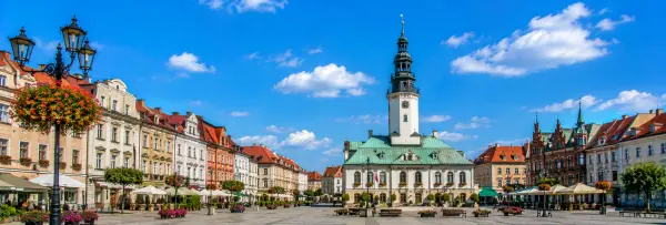 Historic Market Square and Town Hall tower in Gliwice, Poland