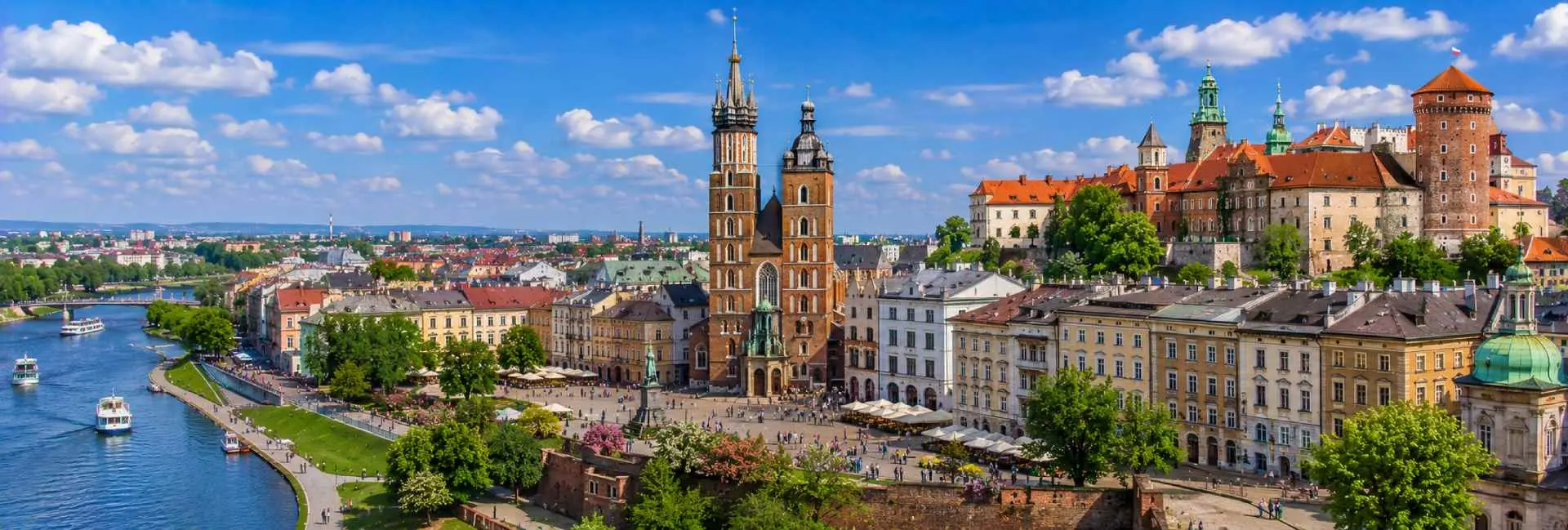 Kraków Poland cityscape with St. Mary’s Basilica, Wawel Castle and Vistula River
