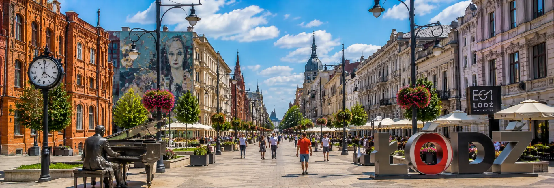 Łódź, Poland with historic Art Nouveau buildings, red-brick architecture, cafés, murals, and vibrant Piotrkowska Street