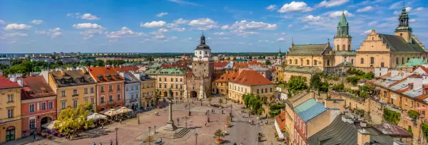 Lublin, Poland historic Old Town with colorful buildings, Market Square, medieval gate, and historic churches