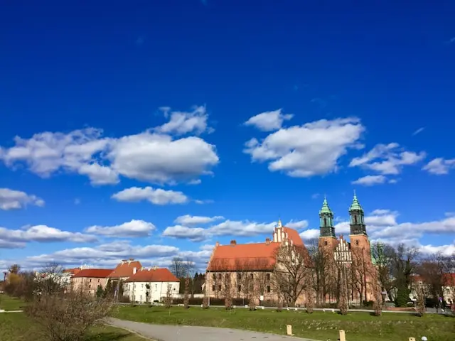 Historic cathedral with twin towers and red-roofed buildings under a blue sky