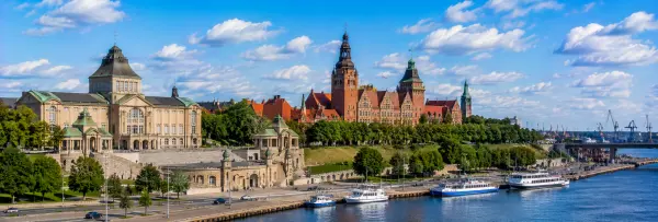 Szczecin, Poland waterfront with historic architecture, green parks, the Oder River, and harbor views