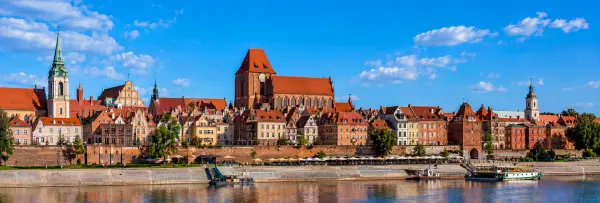 Historic Old Town skyline of Toruń, Poland along the Vistula River