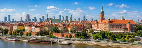 Warsaw Poland skyline with historic Old Town, Royal Castle and modern skyscrapers
