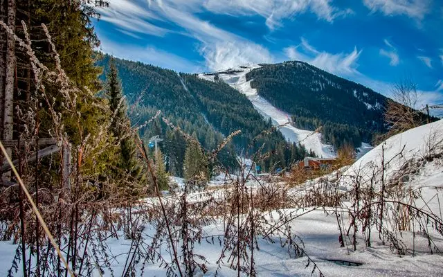 Snow-covered ski slopes and forested mountains in Zakopane, Poland
