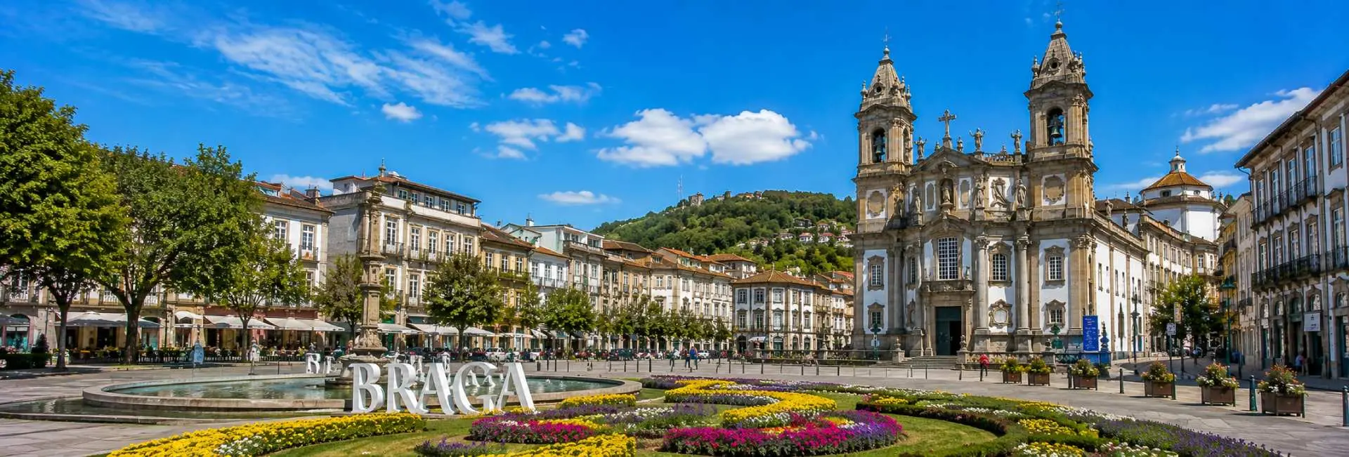 Braga, Portugal historic city center with baroque church, gardens and traditional architecture