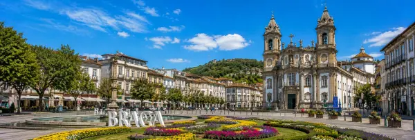 Braga, Portugal historic city center with baroque church, gardens and traditional architecture