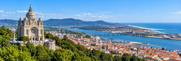 Viana do Castelo, Portugal, with Santa Luzia Basilica overlooking the Lima River and Atlantic coast.