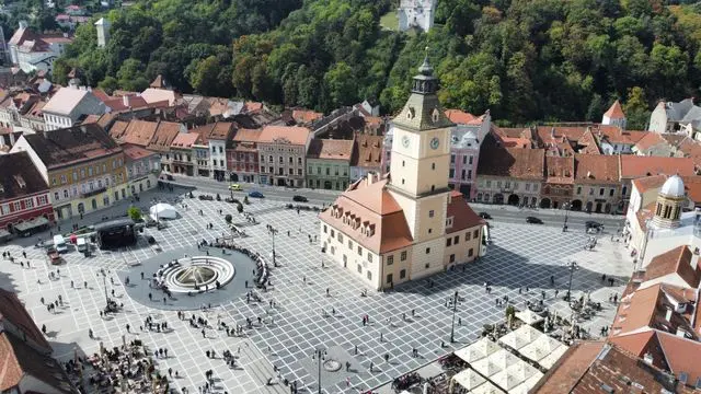 Aerial view of Brașov Old Town and Council Square in Romania