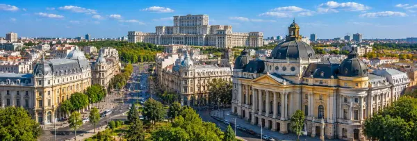 Bucharest panoramic cityscape with Palace of the Parliament and historic architecture