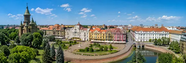 Timișoara, Romania aerial view of historic architecture, Union Square, and city skyline