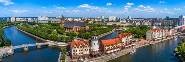 Panoramic aerial view of Kaliningrad, Russia, with the Pregolya River and historic city architecture