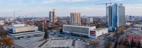 Aerial panoramic view of Krasnodar city center, Drama Theatre, plaza and modern skyline in Russia