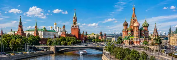 Moscow, Russia skyline with the Kremlin, St. Basil’s Cathedral and Moskva River