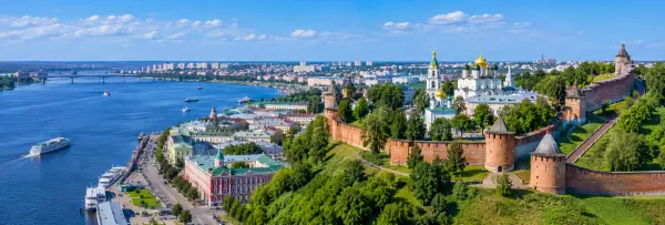 Aerial panoramic view of Vladimir, Russia, with historic Golden Gate and Assumption Cathedral