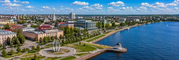 Petrozavodsk waterfront on Lake Onega with the city skyline and landscaped promenade