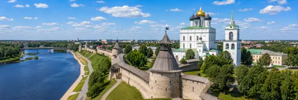 Pskov Kremlin and historic fortress beside the Velikaya River in Pskov, Russia