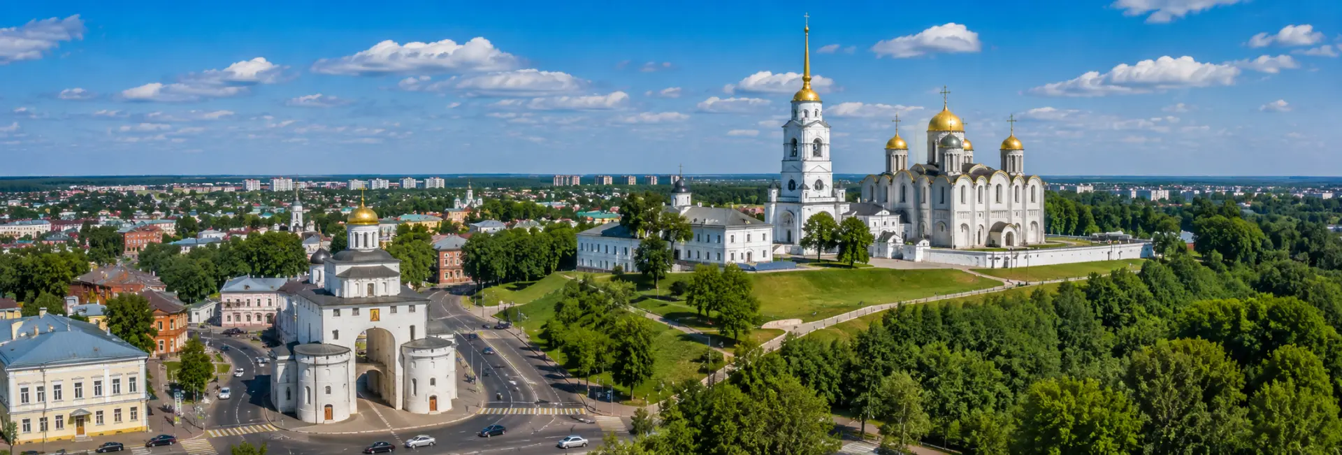 Aerial panoramic view of Vladimir, Russia, with historic Golden Gate and Assumption Cathedral