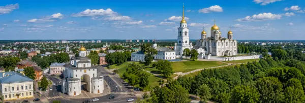 Aerial panoramic view of Vladimir, Russia, with historic Golden Gate and Assumption Cathedral
