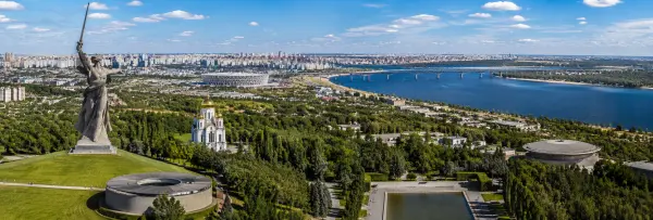Volgograd skyline with the Motherland Calls monument and Volga River