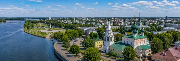 Aerial panoramic view of Yaroslavl, Russia, with the Volga River and historic Orthodox churches