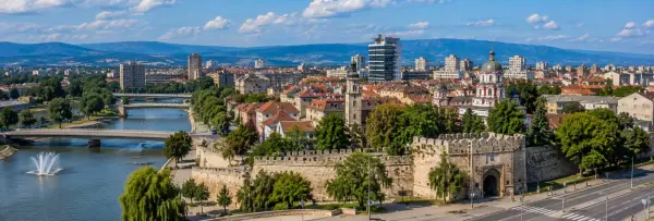 Niš, Serbia panoramic view with Niš Fortress, Nišava River, historic buildings and surrounding mountains