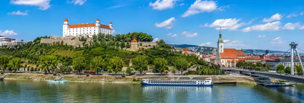 Bratislava Castle overlooking the Danube River and historic city centre of Bratislava, Slovakia