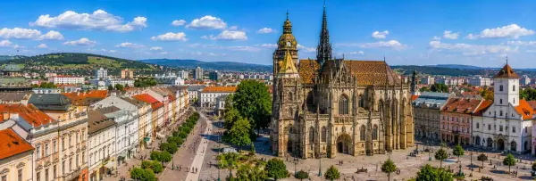 Košice, Slovakia, with St. Elisabeth Cathedral, historic buildings and the scenic city center.