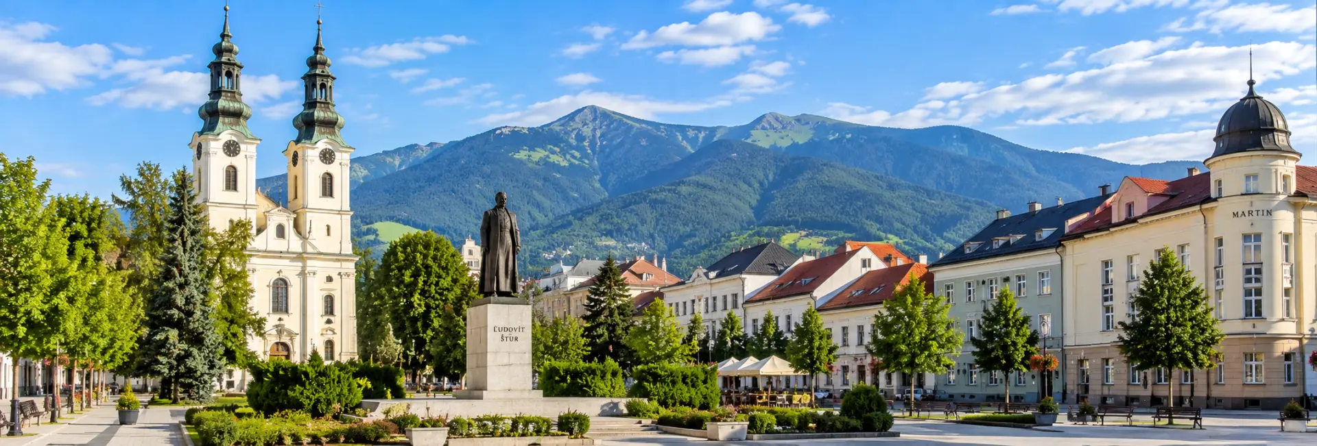 Martin, Slovakia, with historic city buildings, St. Martin’s Church and the Mala Fatra mountains