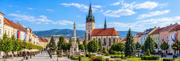 Prešov, Slovakia, with St. Nicholas Co-Cathedral, historic square and surrounding hills