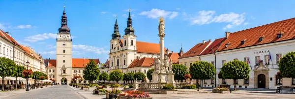 Trnava, Slovakia, with the historic Town Tower, Trinity Square and Baroque church