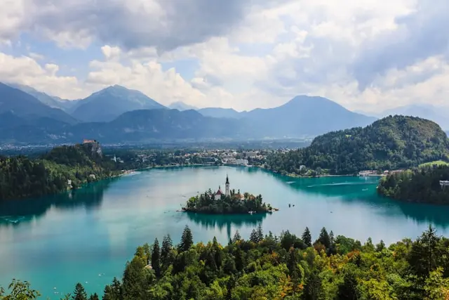 Panoramic view of Lake Bled, Bled Island, and the Julian Alps in Slovenia