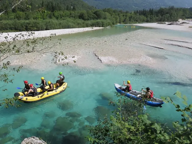 Rafting and kayaking on the turquoise Soča River in Bovec, Slovenia