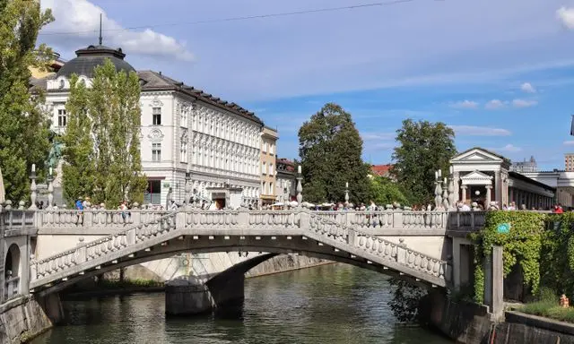 Ljubljana's Triple Bridge crossing the Ljubljanica River in Slovenia