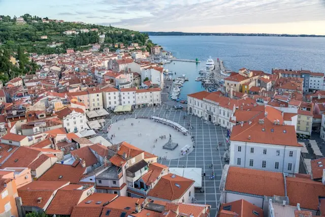 Aerial view of Piran Old Town and Tartini Square in Slovenia